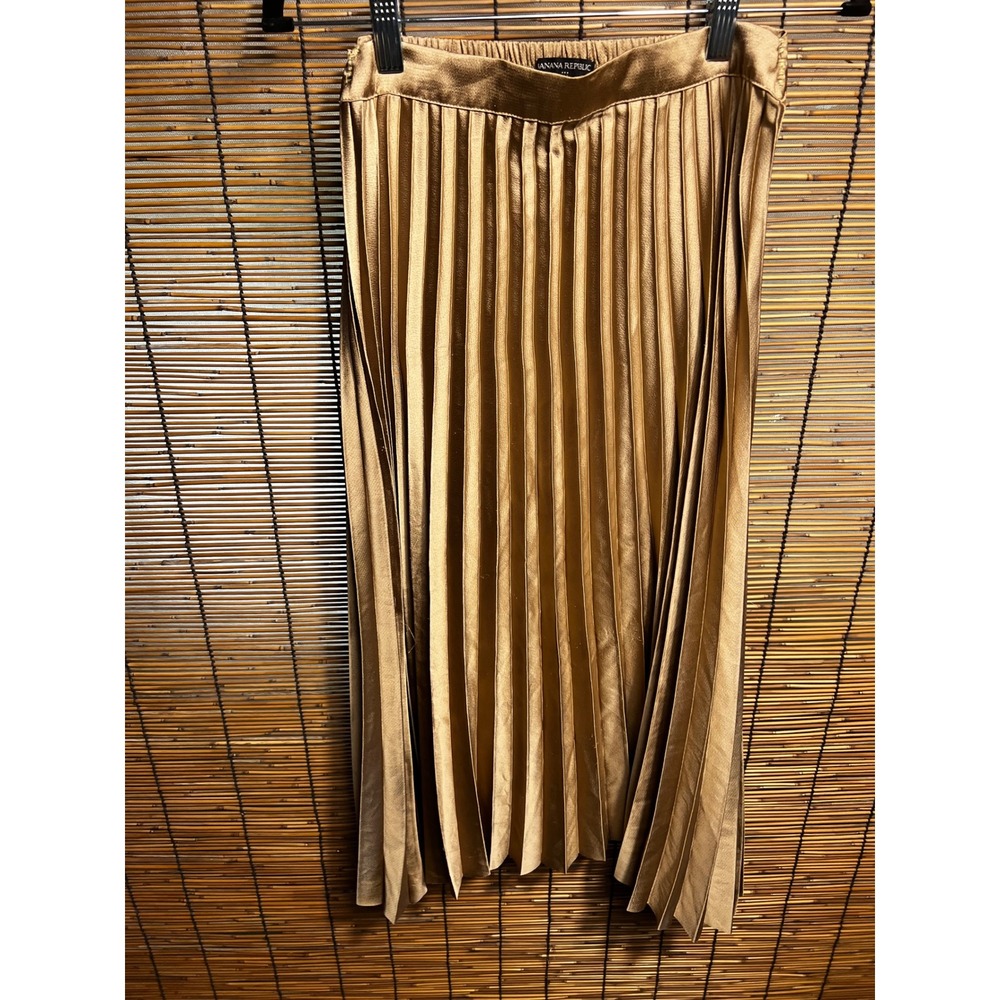 Banana Republic Petite S Pleated Midi Skirt Gold Metallic Satin Zipper